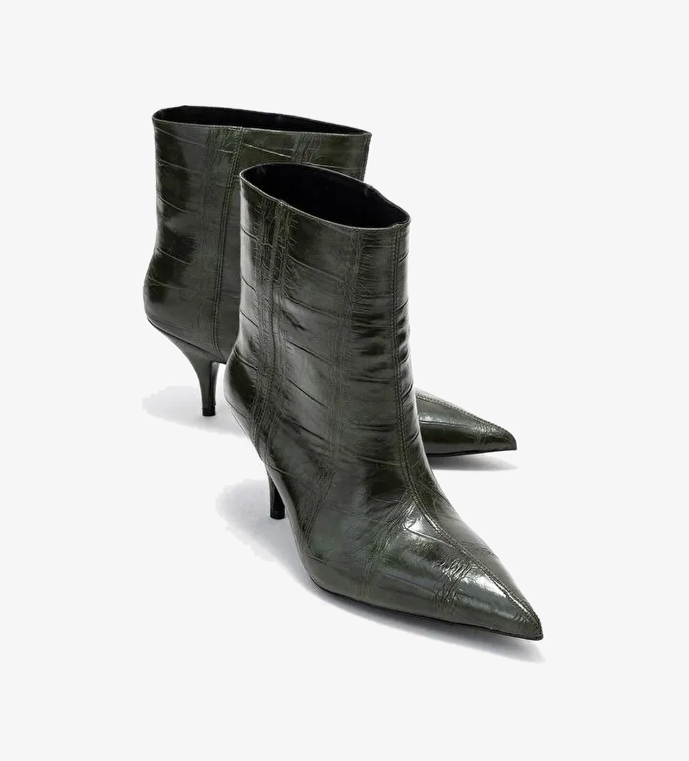 NUVIA Yeşil Baskı Sivri Burunlu Kadın Topuklu Bot - Görsel 1