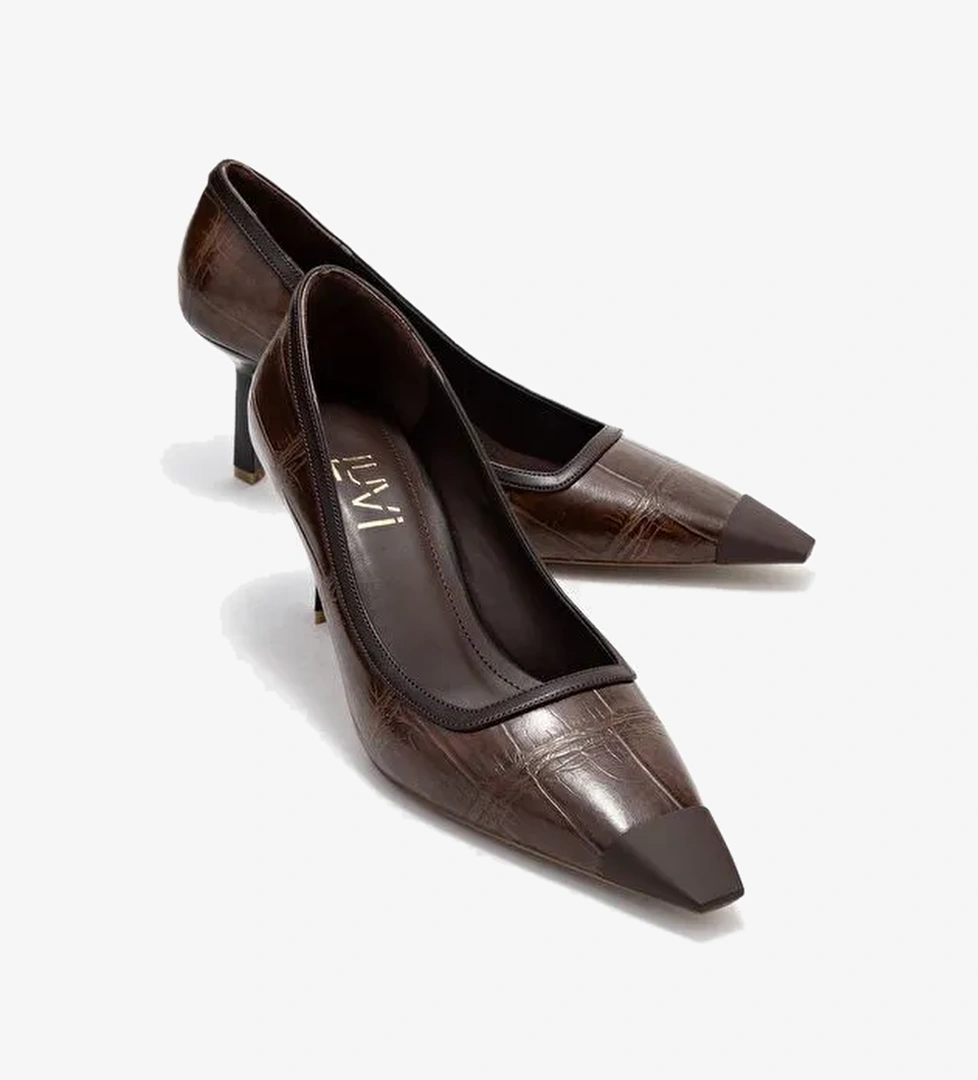 RONA Açık Kahverengi Baskı Mat Burunlu Kadın Topuklu Ayakkabı - Görsel 1