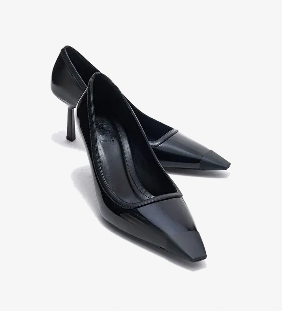 RONA Siyah Rugan Mat Burunlu Kadın Topuklu Ayakkabı - Görsel 1