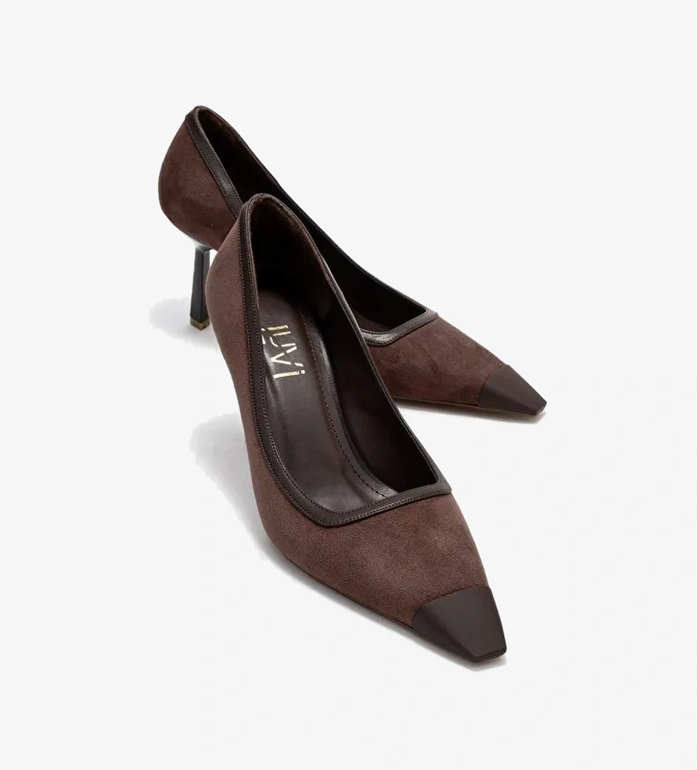 RONA Kahverengi Süet Mat Burunlu Kadın Topuklu Ayakkabı - Görsel 1