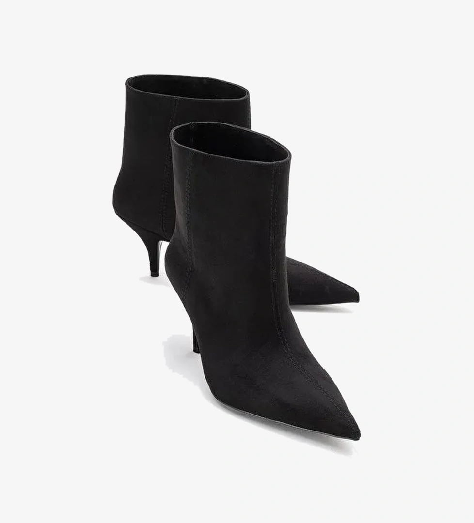 NUVIA Siyah Süet Sivri Burunlu Kadın Topuklu Bot - Görsel 1