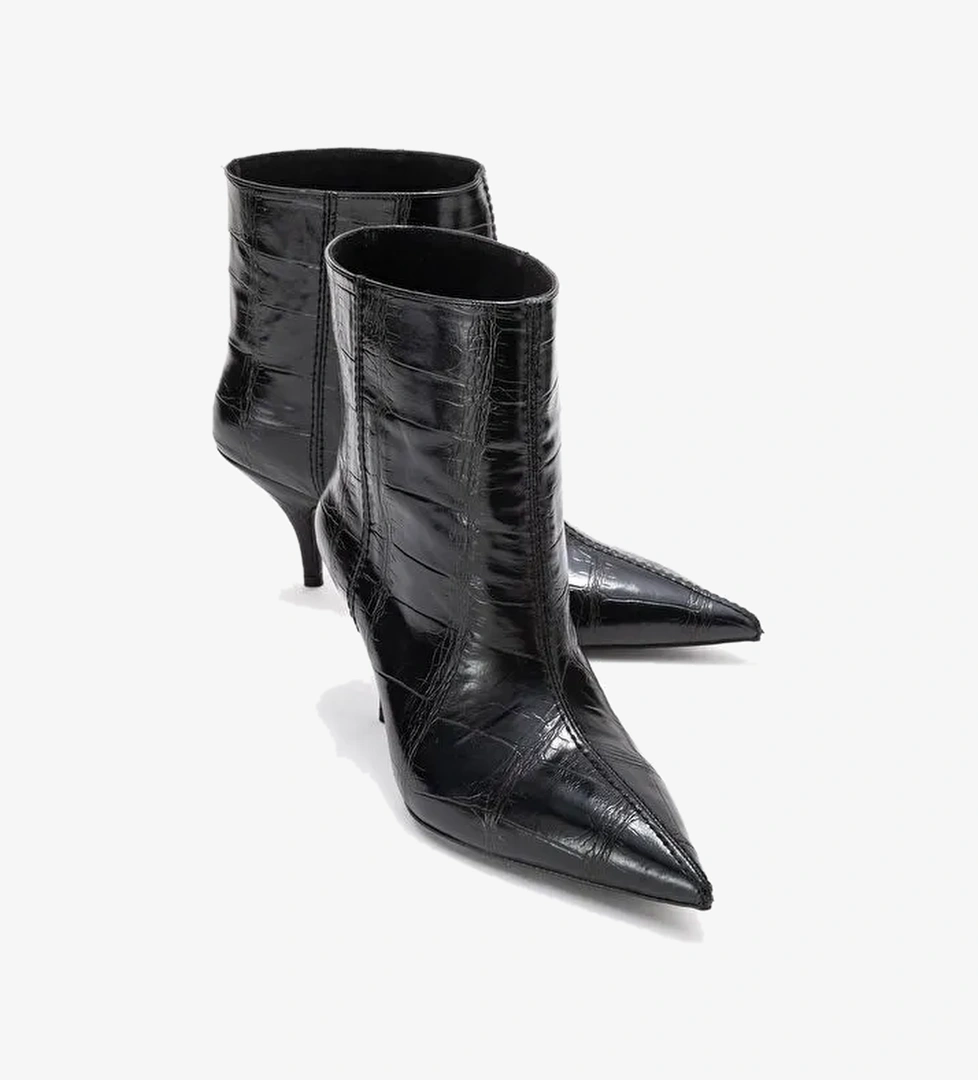 NUVIA Siyah Baskı Sivri Burunlu Kadın Topuklu Bot - Görsel 1