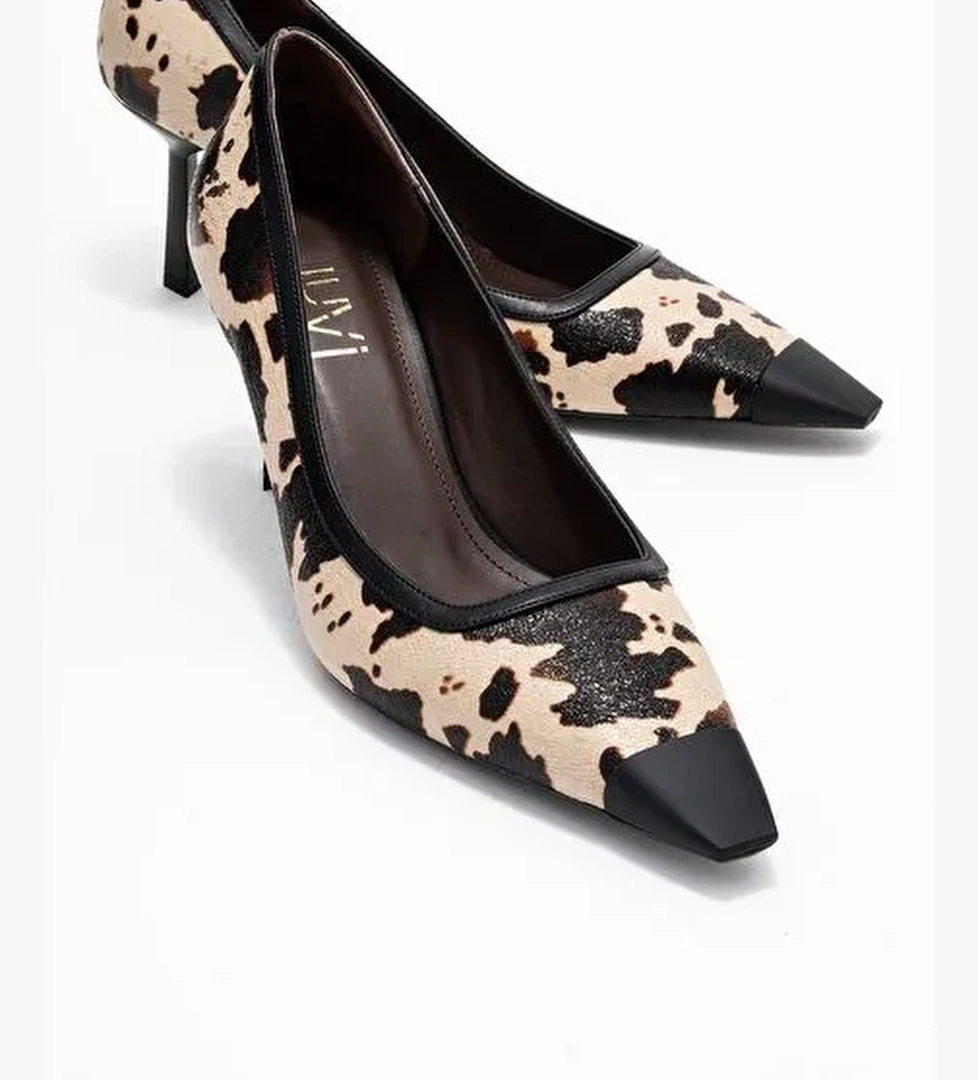 RONA Siyah Bej Desenli Mat Burunlu Kadın Topuklu Ayakkabı - Görsel 1