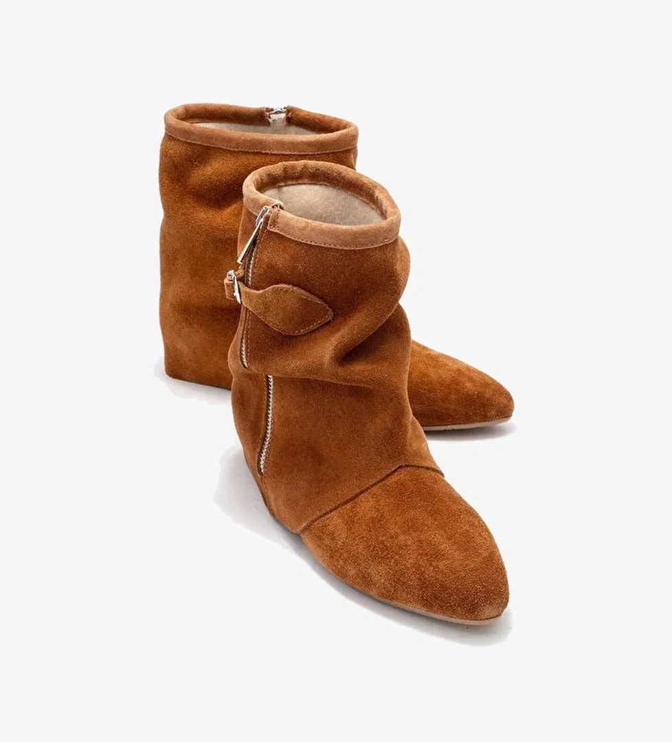 NOAR Taba Süet Hakiki Deri Büzgülü Fermuarlı Kadın Bot - Görsel 1
