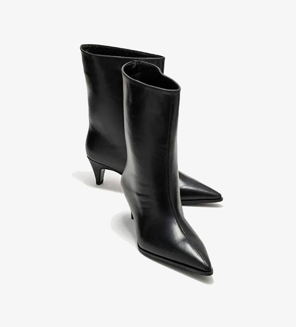 ALEO Siyah Cilt Hakiki Deri Sivri Burunlu Kadın Kısa Topuklu Bot - Görsel 1