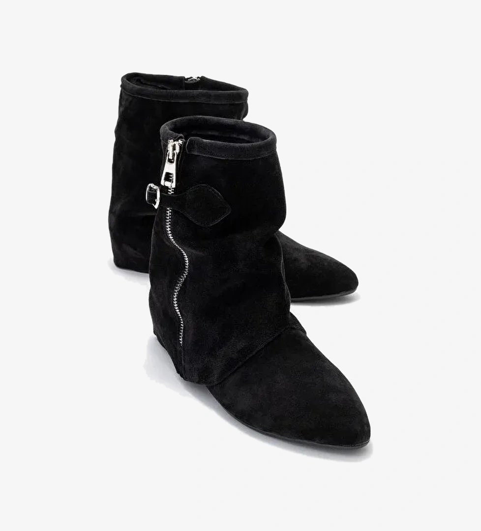 NOAR Siyah Süet Hakiki Deri Büzgülü Fermuarlı Kadın Bot - Görsel 1