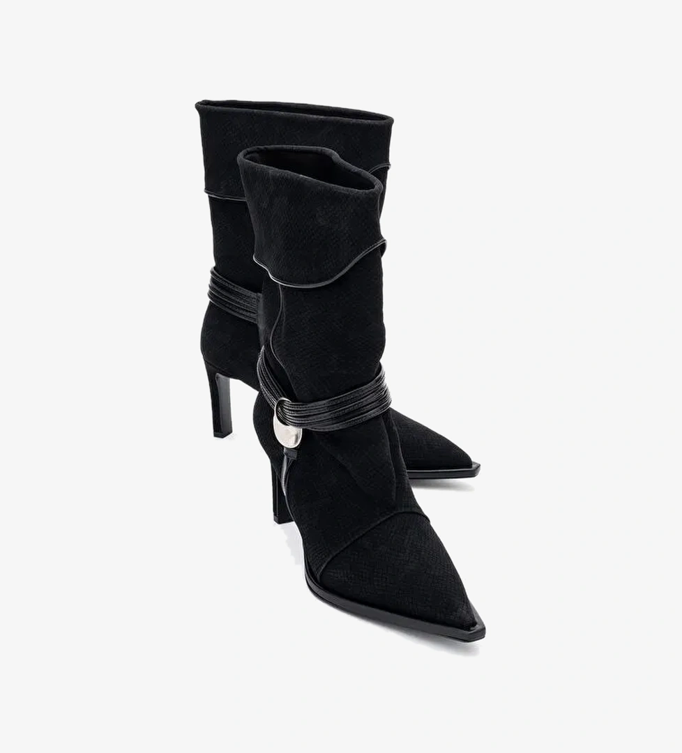 MYRA Siyah Desenli Biyeli Tokalı Kadın Topuklu Bot - Görsel 1