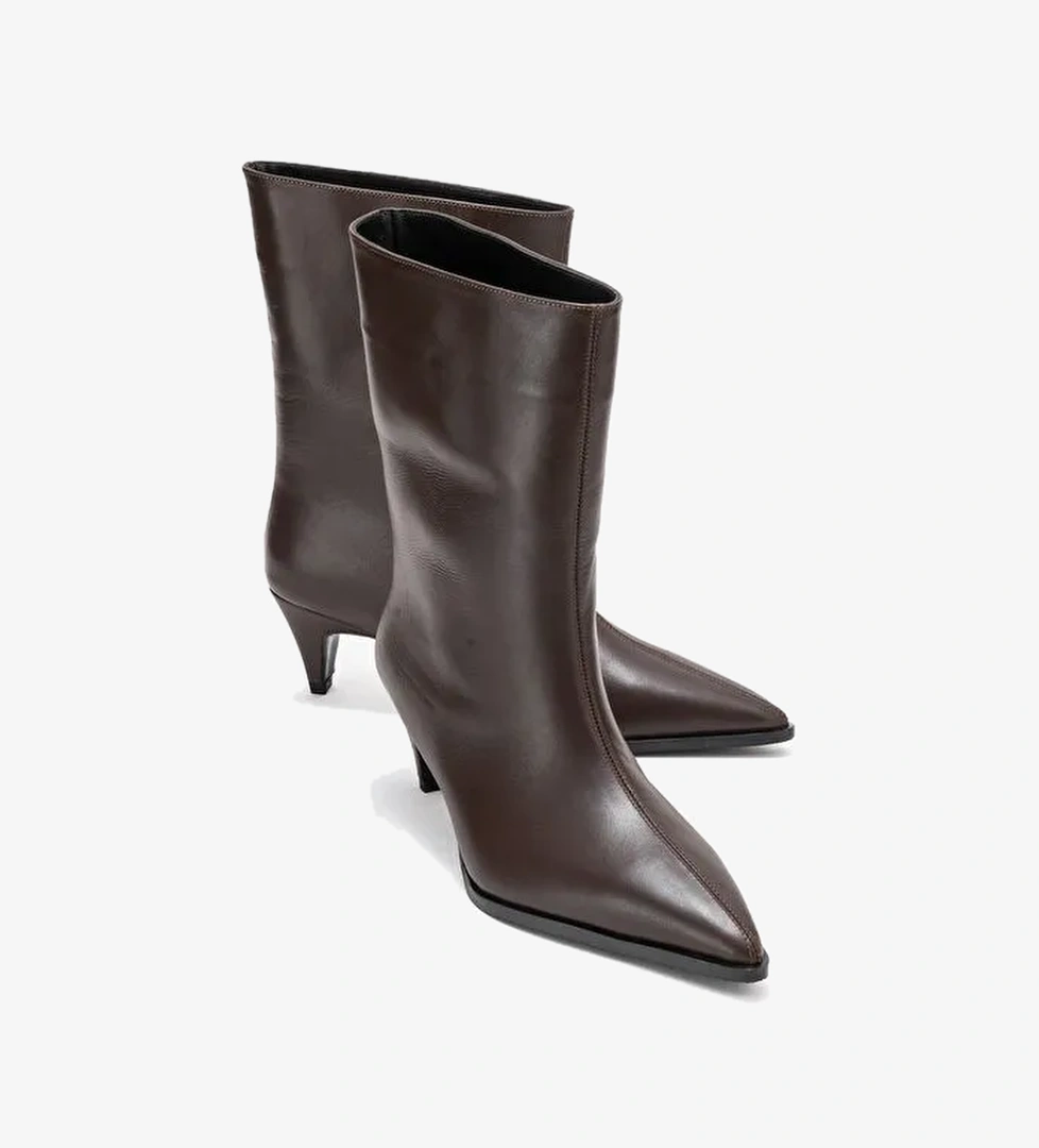 ALEO Kahverengi Cilt Hakiki Deri Sivri Burunlu Kadın Kısa Topuklu Bot - Görsel 1