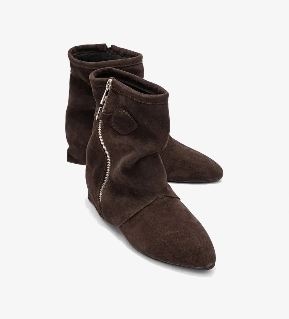 NOAR Kahverengi Süet Hakiki Deri Büzgülü Fermuarlı Kadın Bot - Görsel 1