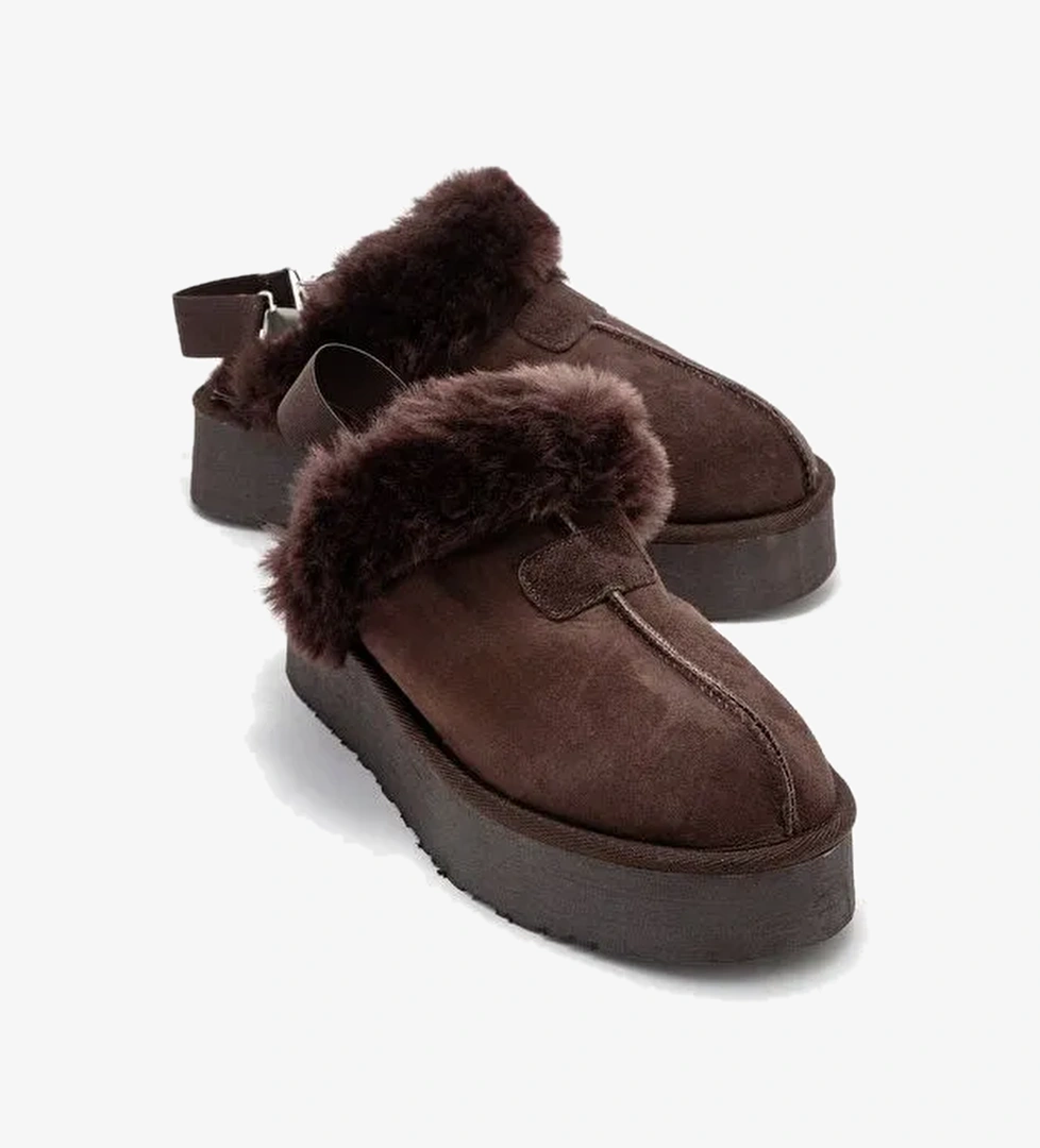 OLESSA Kahverengi Hakiki Deri Süet Kadın Kürklü Terlik - Görsel 1