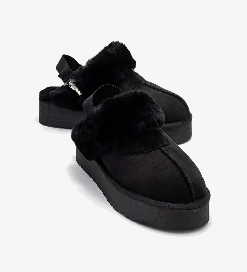 OLESSA Siyah Hakiki Deri Süet Kadın Kürklü Terlik - Görsel 1