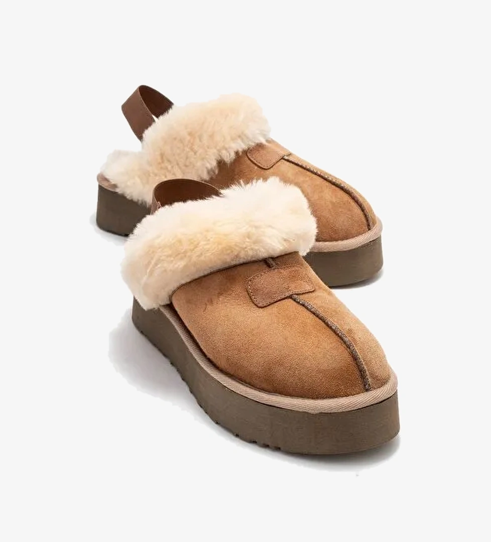 OLESSA Taba Hakiki Deri Süet Kadın Kürklü Terlik - Görsel 1