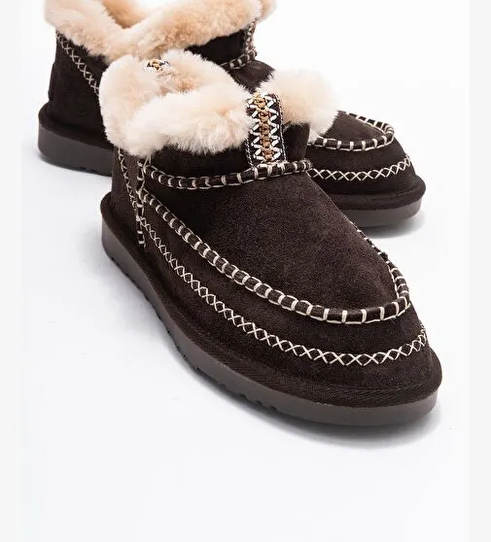 DAREL Kahverengi Süet Hakiki Deri Dikişli Kürklü Kadın Kısa Bot - Görsel 1