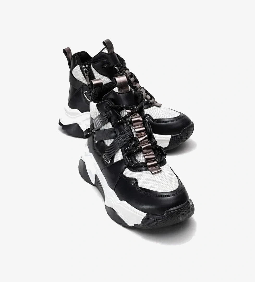 CLARA Siyah Beyaz Fermuarlı ve Bağcıklı Kadın Spor Bot - Görsel 1