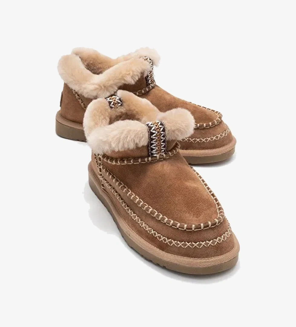 DAREL Toprak Süet Hakiki Deri Dikişli Kürklü Kadın Kısa Bot - Görsel 1