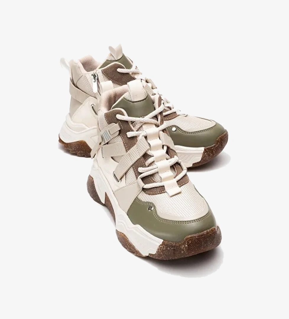 CLARA Bej Yeşil Fermuarlı ve Bağcıklı Kadın Spor Bot - Görsel 1