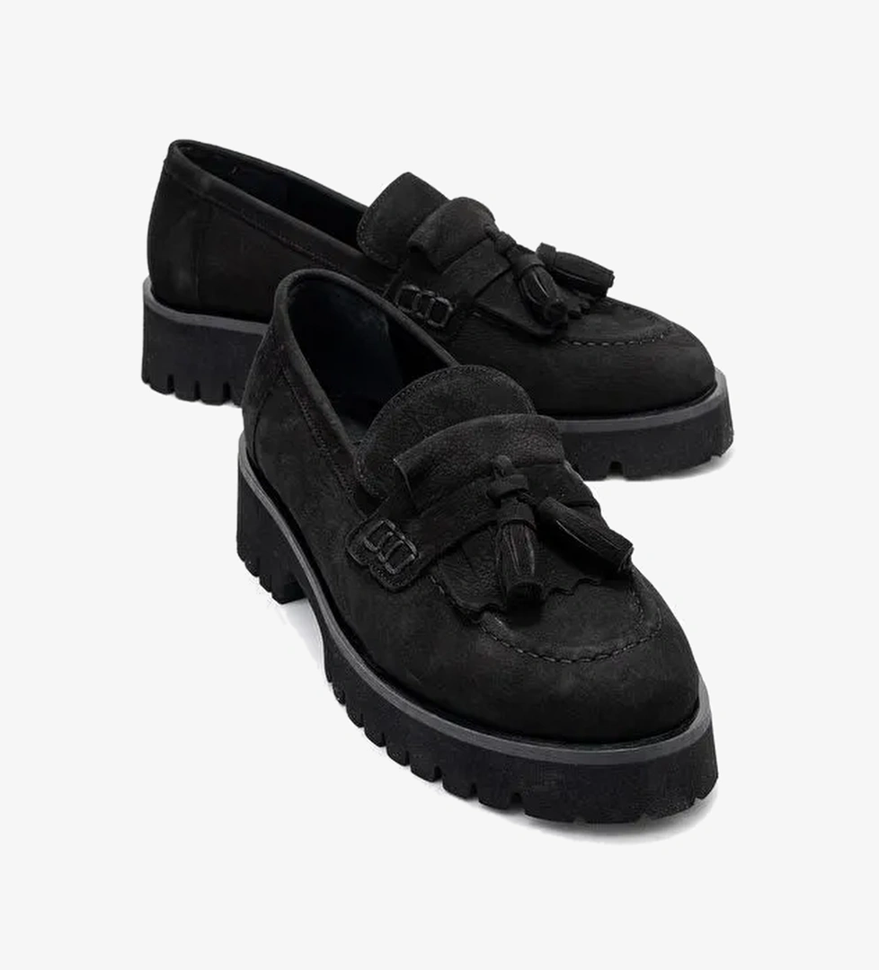 POEN Siyah Nubuk Hakiki Deri Püsküllü Kadın Loafer Ayakkabı - Görsel 1