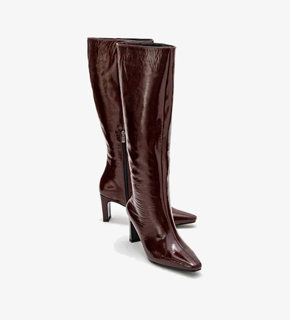 LUME Bordo Rugan Hakiki Deri Kadın Blok Topuklu Çizme - Görsel 1