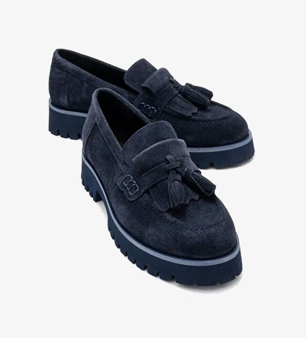 POEN Lacivert Süet Hakiki Deri Püsküllü Kadın Loafer Ayakkabı - Görsel 1