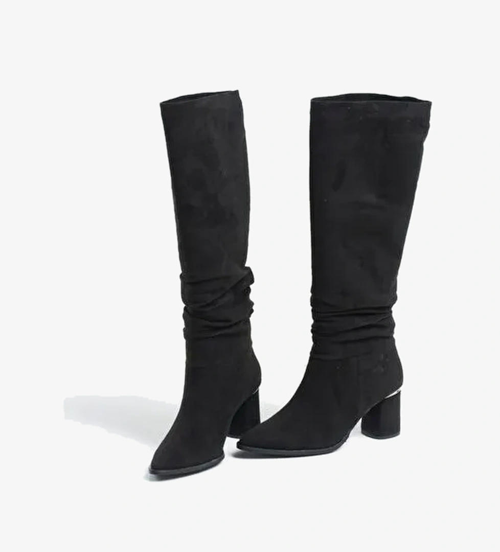120 Siyah Süet Körüklü Kadın Kalın Topuklu Çizme - Görsel 1