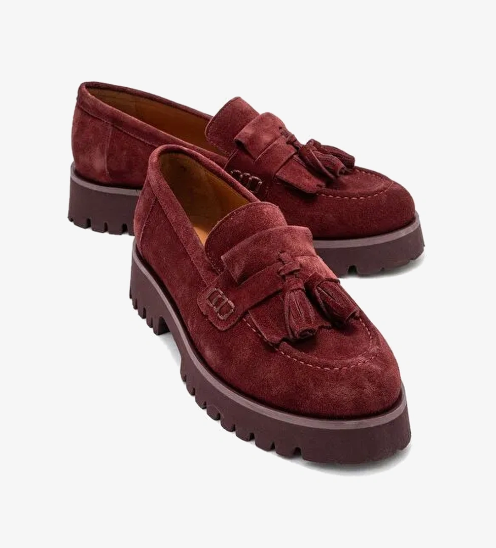 POEN Bordo Süet Hakiki Deri Püsküllü Kadın Loafer Ayakkabı - Görsel 1