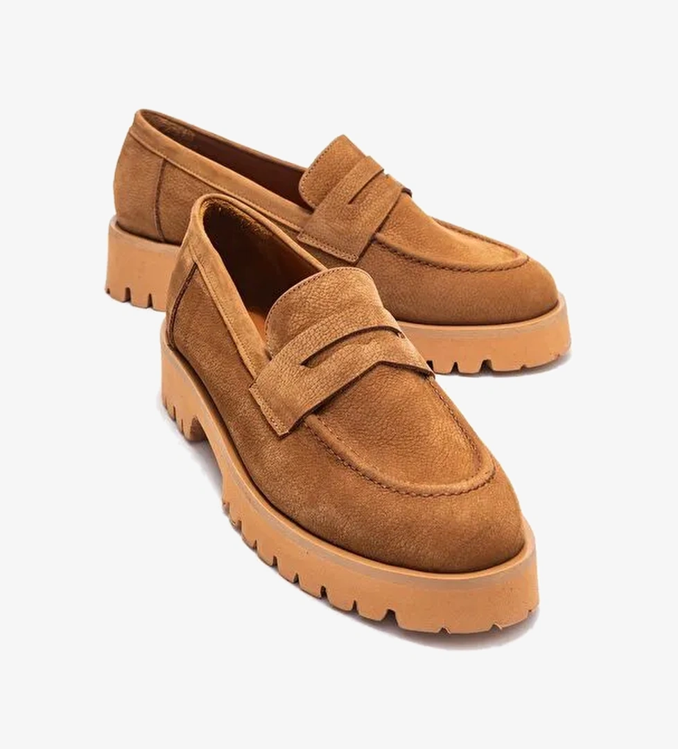 VIONEL Taba Nubuk Hakiki Deri Kadın Loafer Ayakkabı - Görsel 1