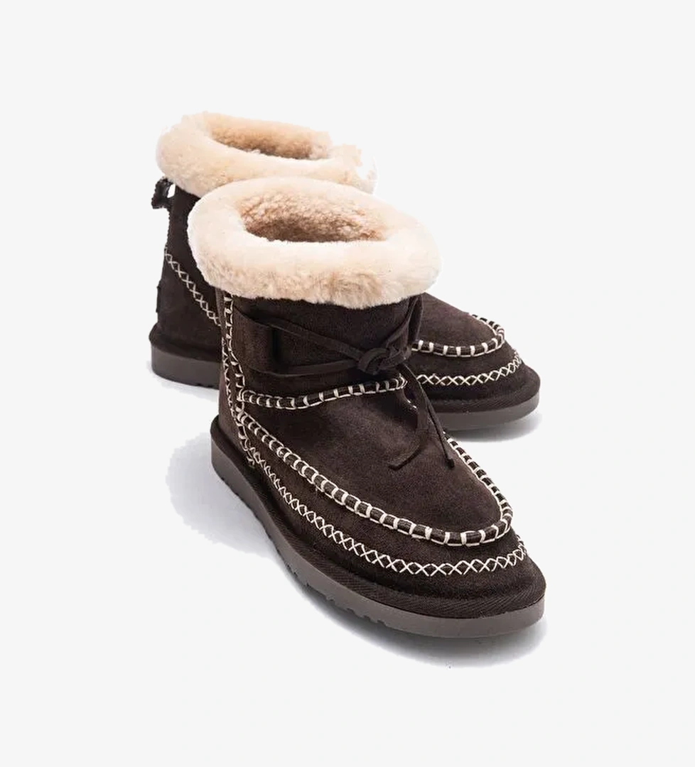 JOREL Kahverengi Süet Hakiki Deri Dikişli Kürklü Kadın Bot - Görsel 1