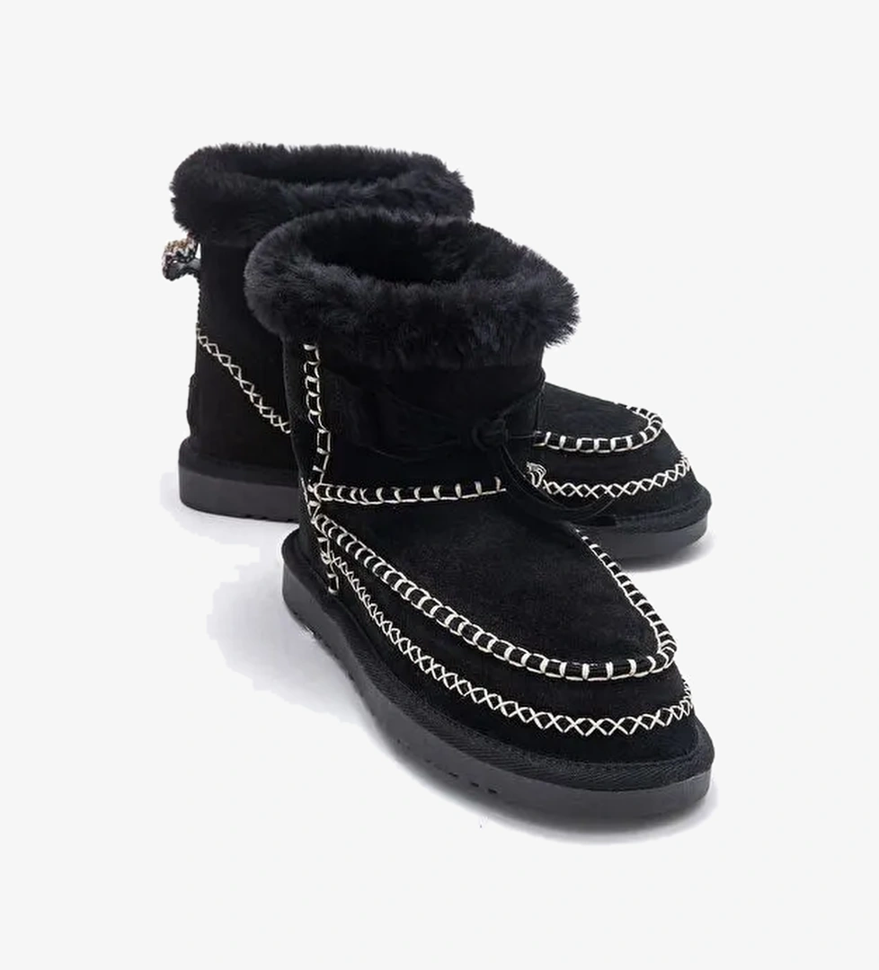 JOREL Siyah Süet Hakiki Deri Dikişli Kürklü Kadın Bot - Görsel 1