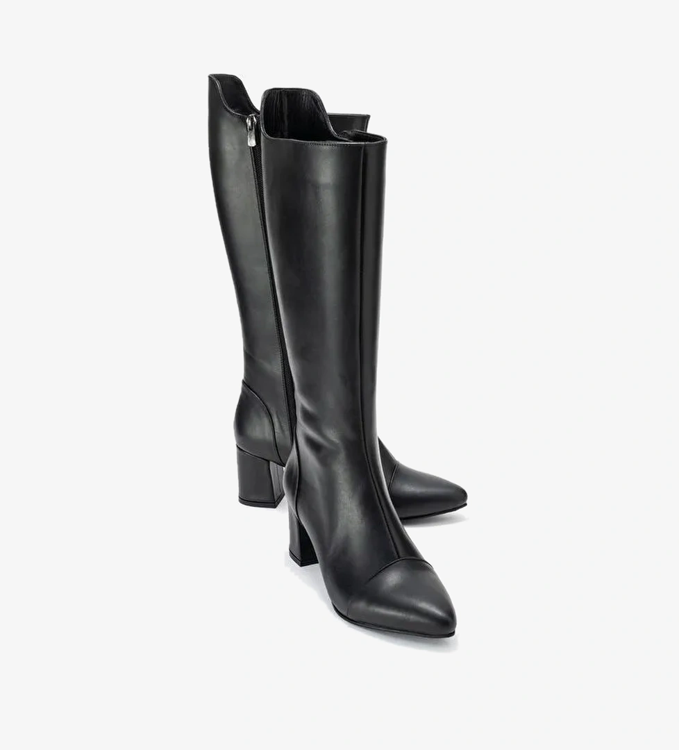LUMIN Siyah Cilt Hakiki Deri Kadın Kalın Topuklu Çizme - Görsel 1