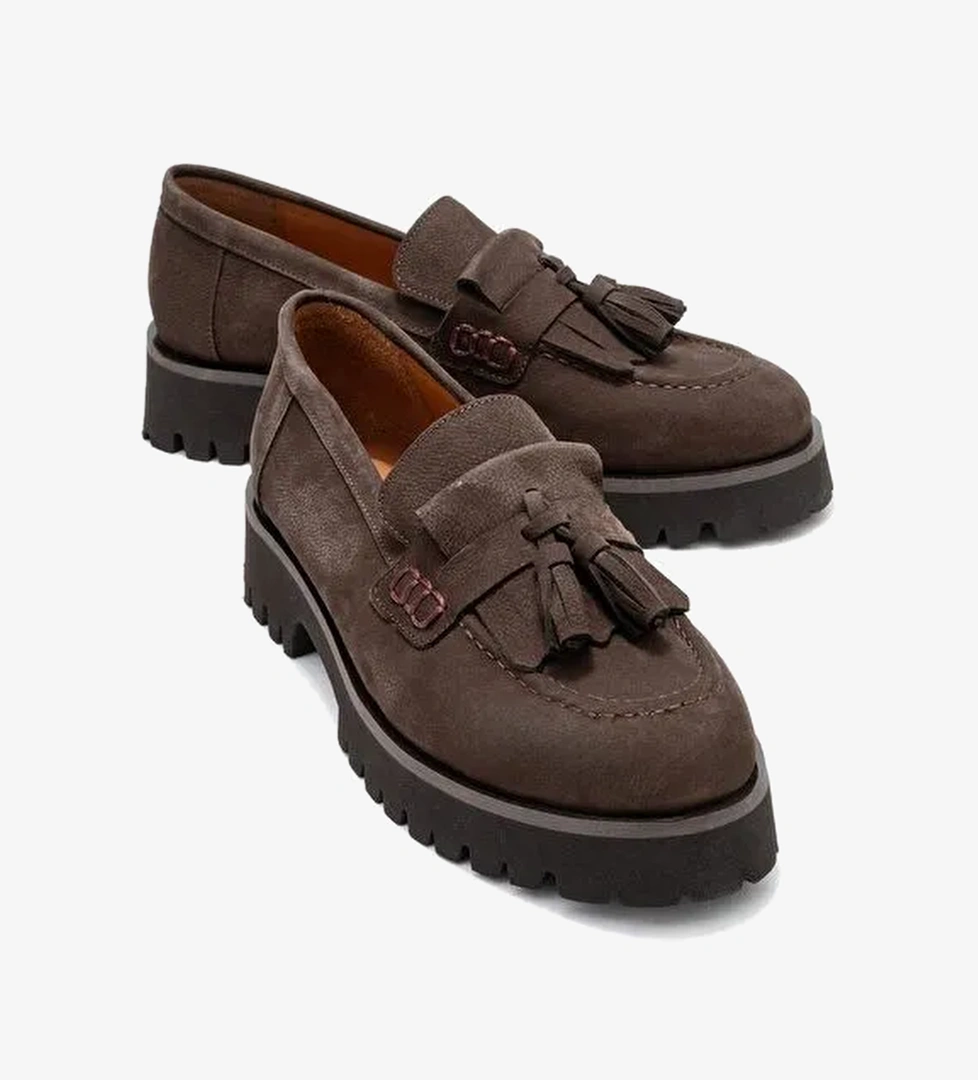 POEN Kahverengi Nubuk Hakiki Deri Püsküllü Kadın Loafer Ayakkabı - Görsel 1