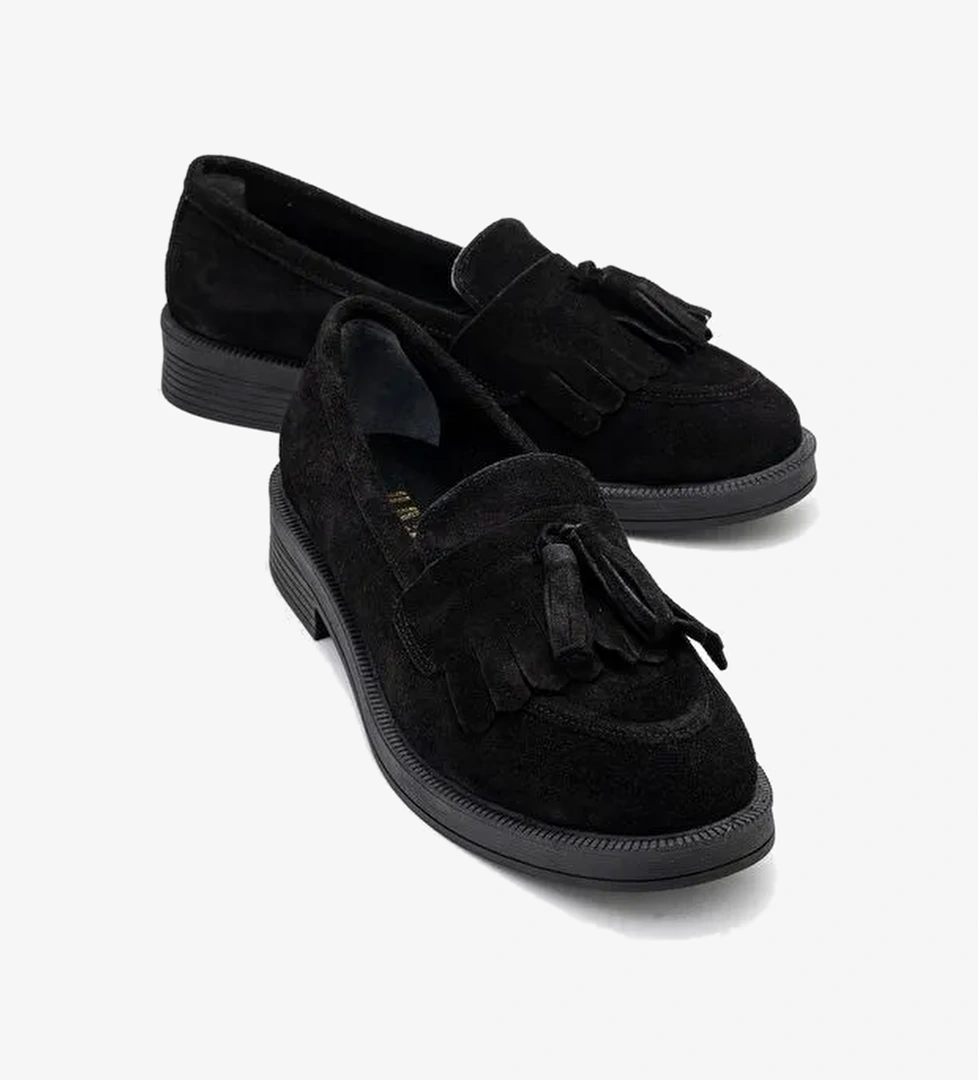 MİLİNA Siyah Süet Püsküllü Hakiki Deri Kadın Loafer Ayakkabı - Görsel 1