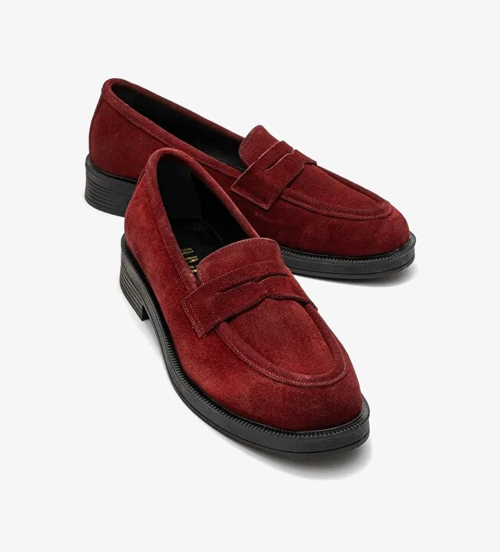 PLİNE Bordo Süet Hakiki Deri Kadın Loafer Ayakkabı - Görsel 1
