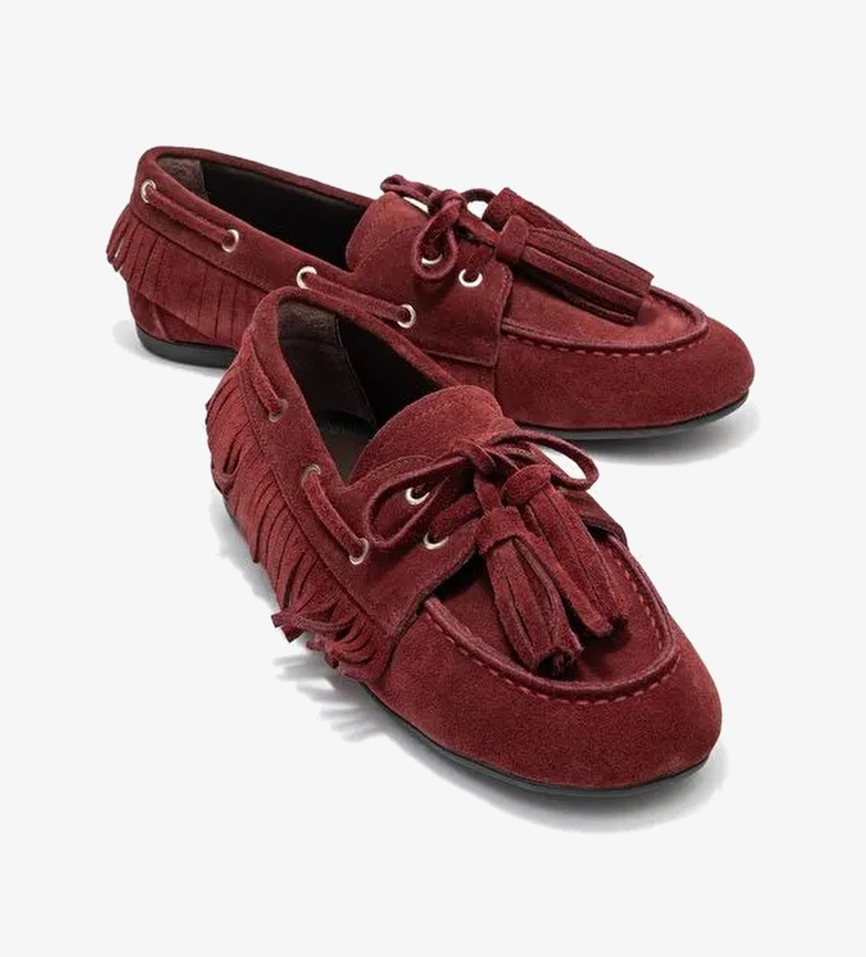 FENORA Bordo Süet Hakiki Deri Saçaklı Püsküllü Kadın Loafer Ayakkabı - Görsel 1
