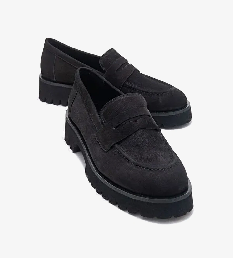 VIONEL Siyah Nubuk Hakiki Deri Kadın Loafer Ayakkabı - Görsel 1