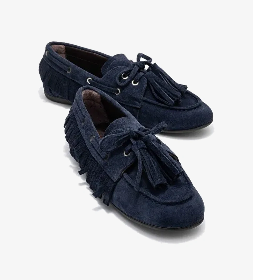 FENORA Lacivert Süet Hakiki Deri Saçaklı Püsküllü Kadın Loafer Ayakkabı - Görsel 1