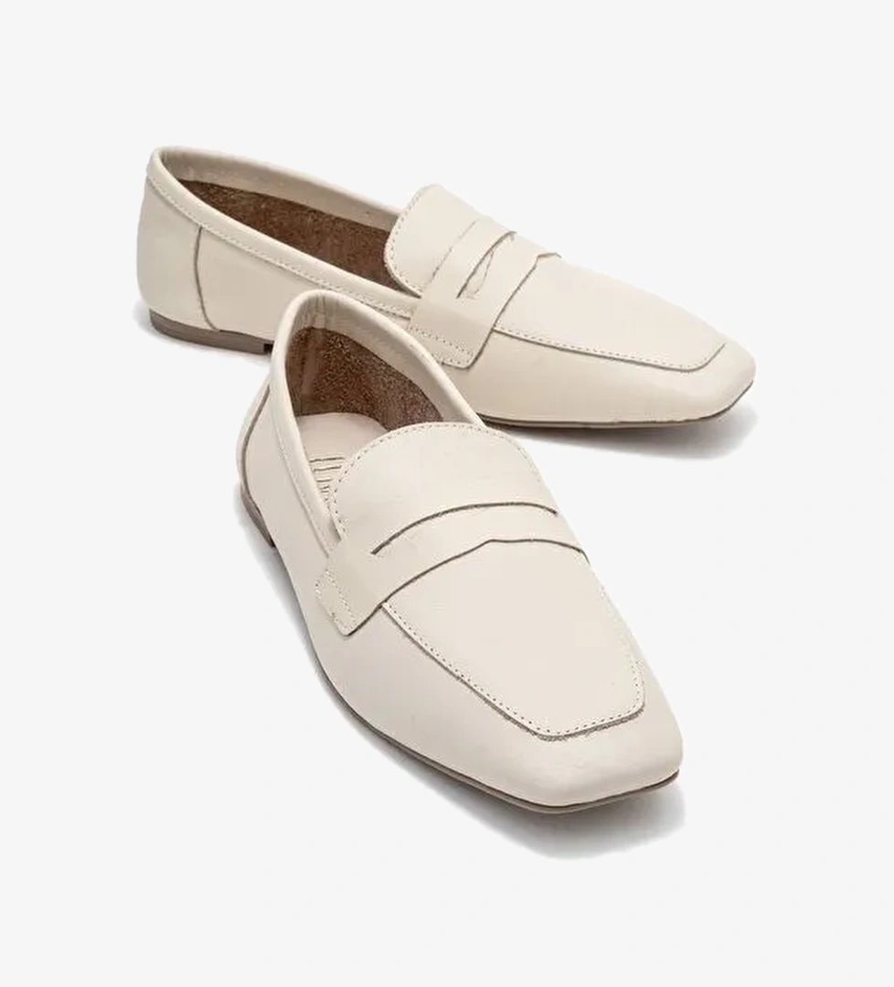 MORNE Ekru Bej Cilt Hakiki Deri Kadın Loafer Ayakkabı - Görsel 1