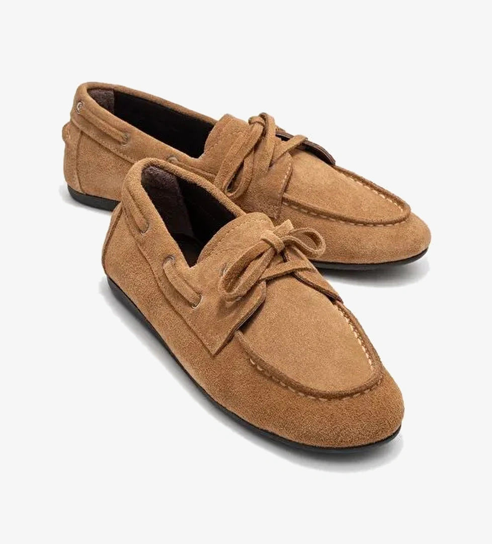 SERELIS Toprak Süet Hakiki Deri Bağcıklı Kadın Loafer Ayakkabı - Görsel 1