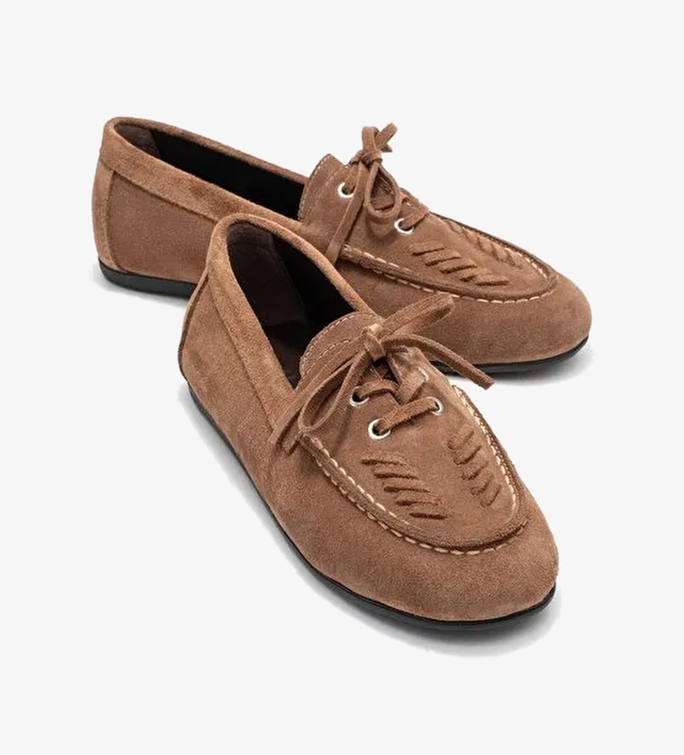 LORVEN Toprak Süet Hakiki Deri Bağcıklı Kadın Loafer Ayakkabı - Görsel 1