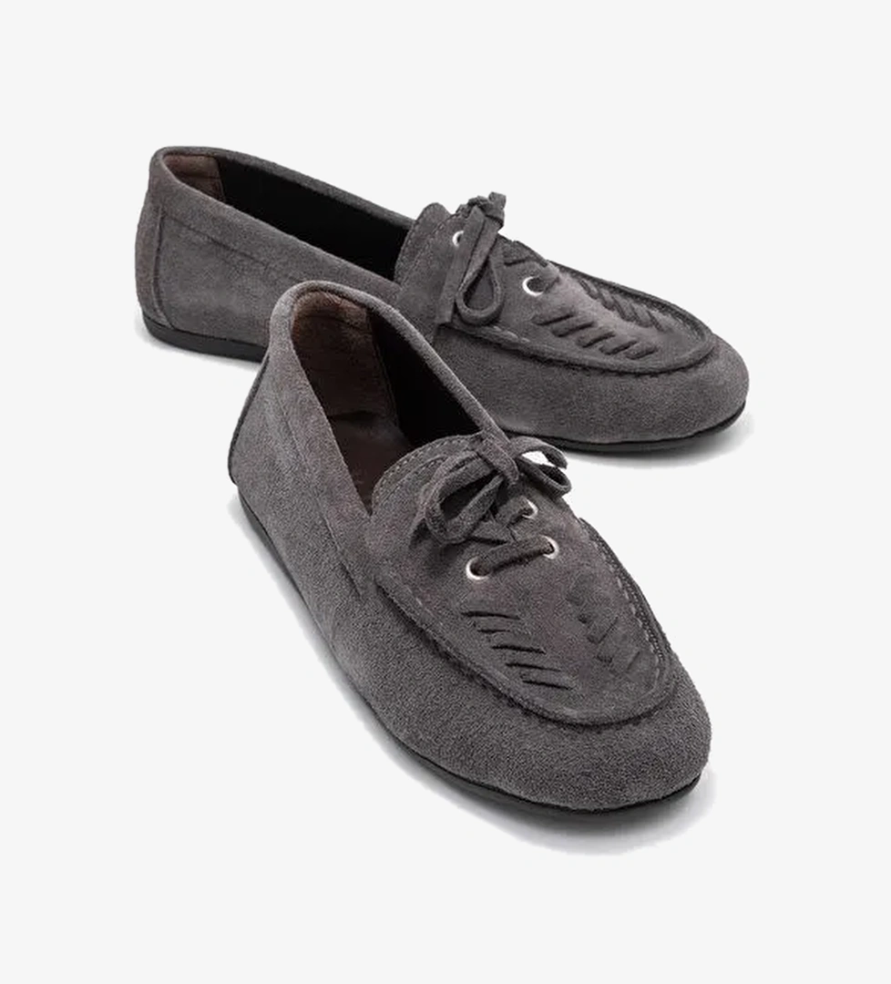 LORVEN Füme Süet Hakiki Deri Bağcıklı Kadın Loafer Ayakkabı - Görsel 1