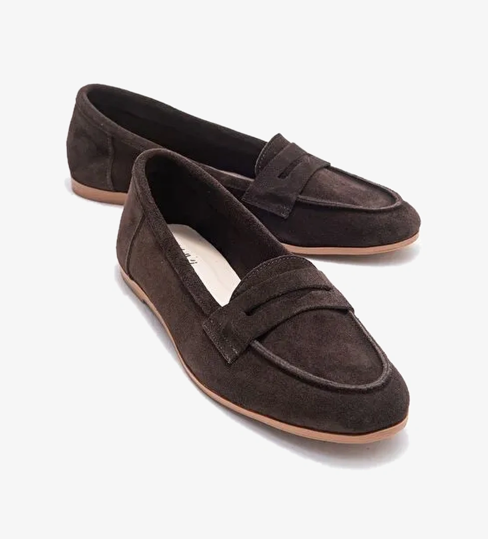 F02 Kahve Süet Hakiki Deri Kadın Loafer Ayakkabı - Görsel 1