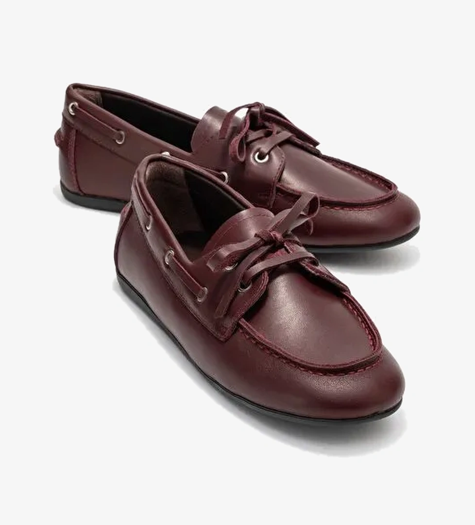 SERELIS Bordo Cilt Hakiki Deri Bağcıklı Kadın Loafer Ayakkabı - Görsel 1