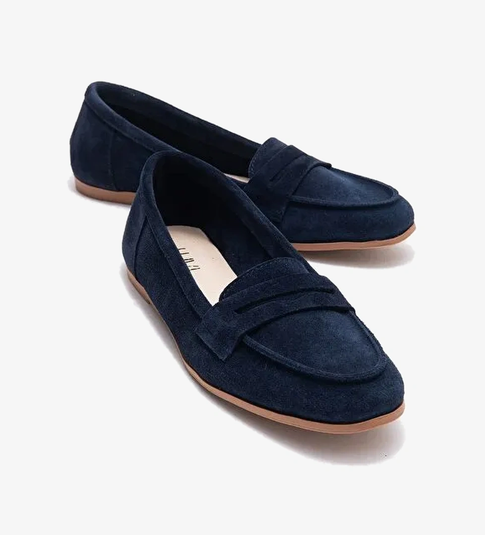 F02 Lacivert Süet Hakiki Deri Kadın Loafer Ayakkabı - Görsel 1