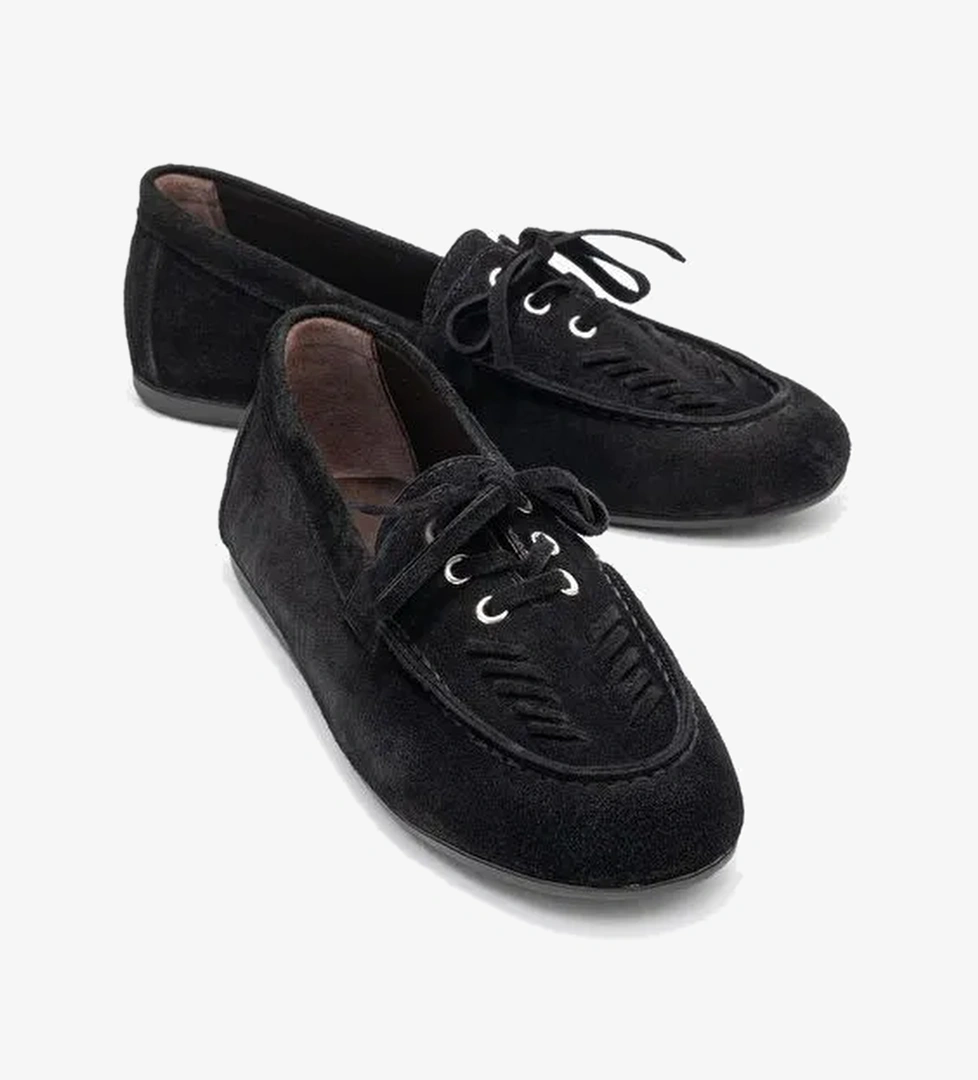 LORVEN Siyah Süet Hakiki Deri Bağcıklı Kadın Loafer Ayakkabı - Görsel 1