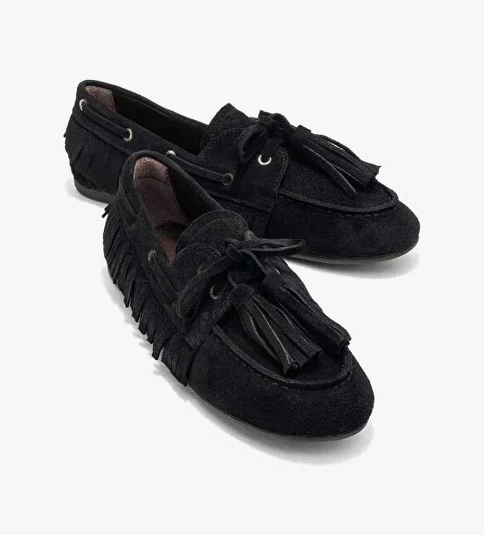 FENORA Siyah Süet Hakiki Deri Saçaklı Püsküllü Kadın Loafer Ayakkabı - Görsel 1