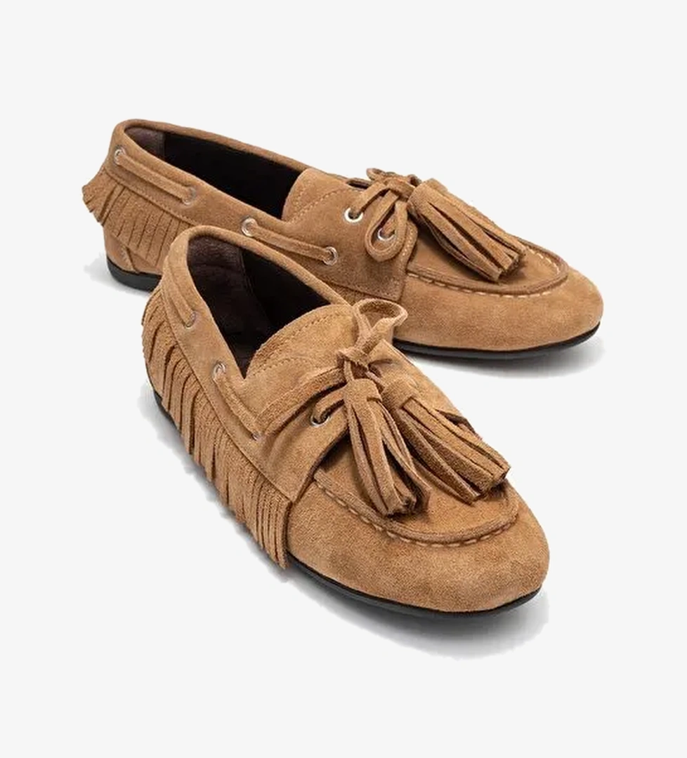 FENORA Toprak Süet Hakiki Deri Saçaklı Püsküllü Kadın Loafer Ayakkabı - Görsel 1