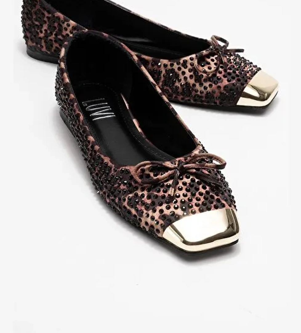 ABRA Siyah Sarı Desenli Taşlı Fiyonklu Kadın Babet Ayakkabı - Görsel 1