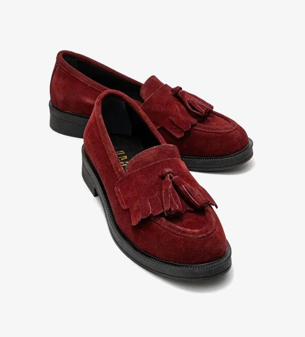 MİLİNA Bordo Süet Püsküllü Hakiki Deri Kadın Loafer Ayakkabı - Görsel 1