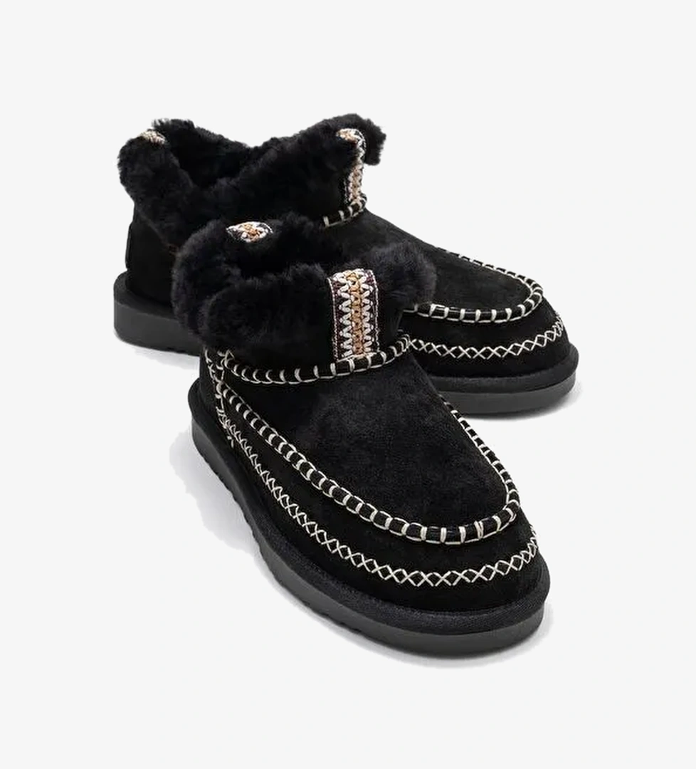 DAREL Siyah Süet Hakiki Deri Dikişli Kürklü Kadın Kısa Bot - Görsel 1