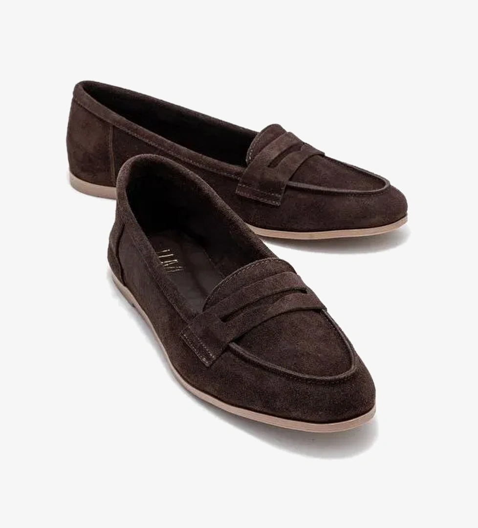 F02 Koyu Kahverengi Süet Hakiki Deri Kadın Loafer Ayakkabı - Görsel 1