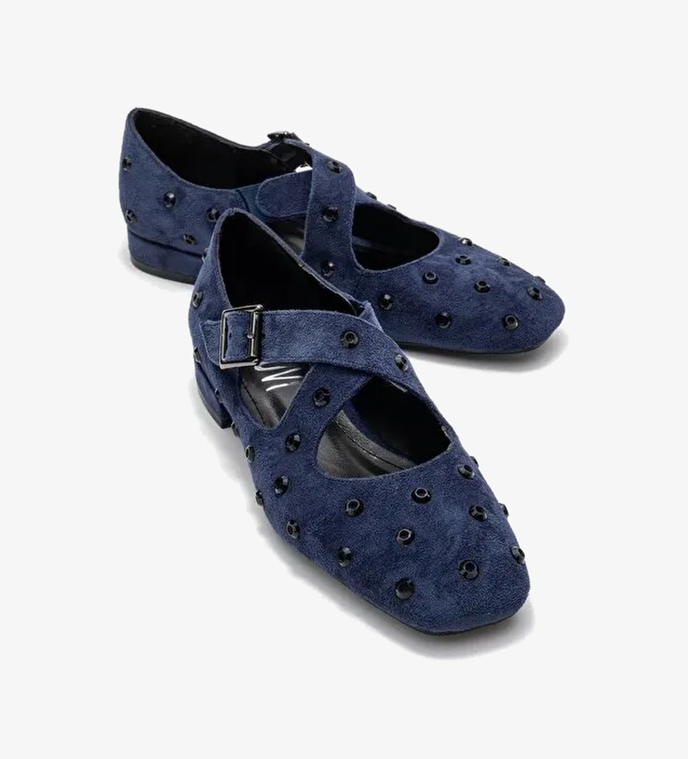 ADDISON Lacivert Süet Taşlı Çapraz Bantlı Kadın Babet Ayakkabı - Görsel 1